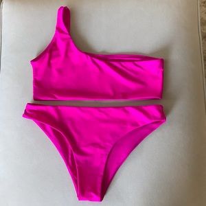 M TOP, L BOTTOM Neon Pink One Shoulder Bikini Set